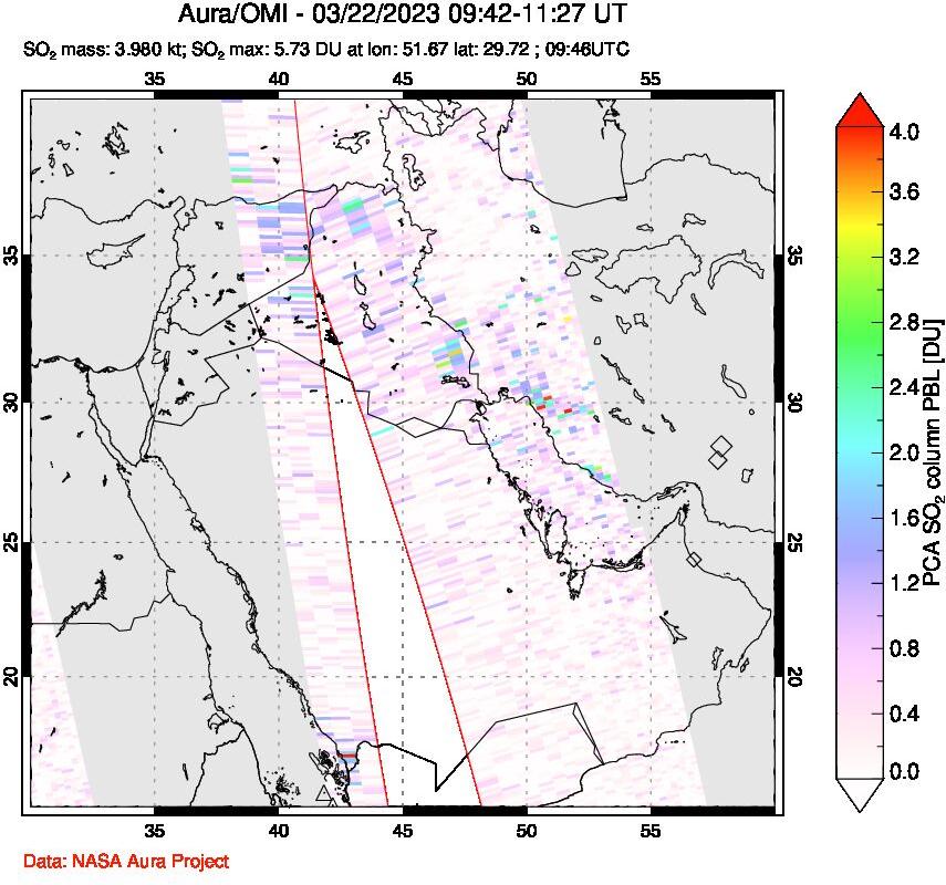 A sulfur dioxide image over Middle East on Mar 22, 2023.