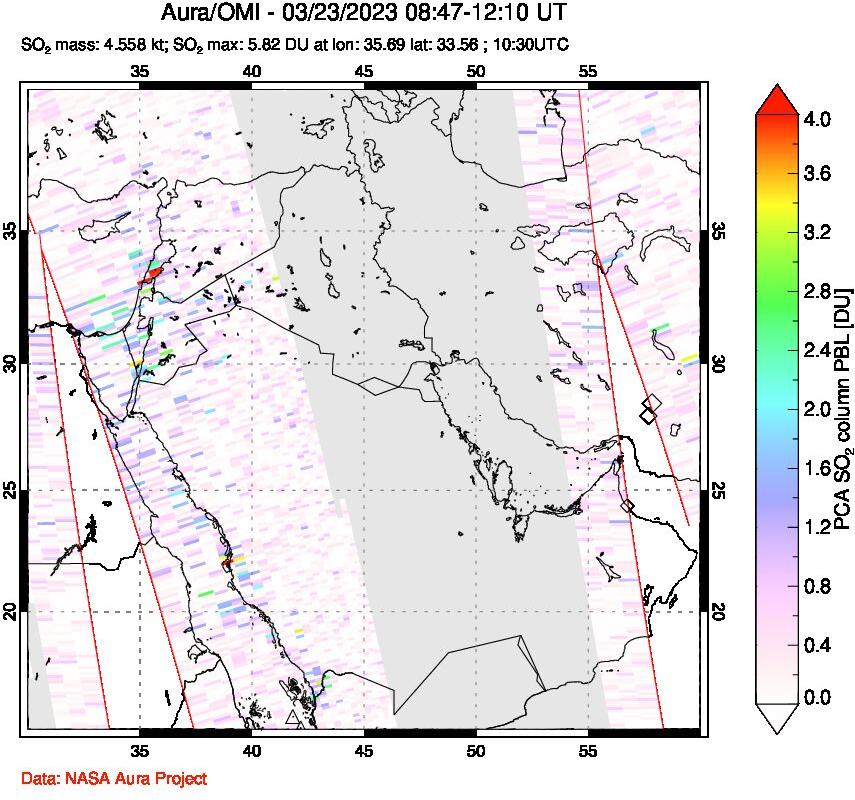A sulfur dioxide image over Middle East on Mar 23, 2023.