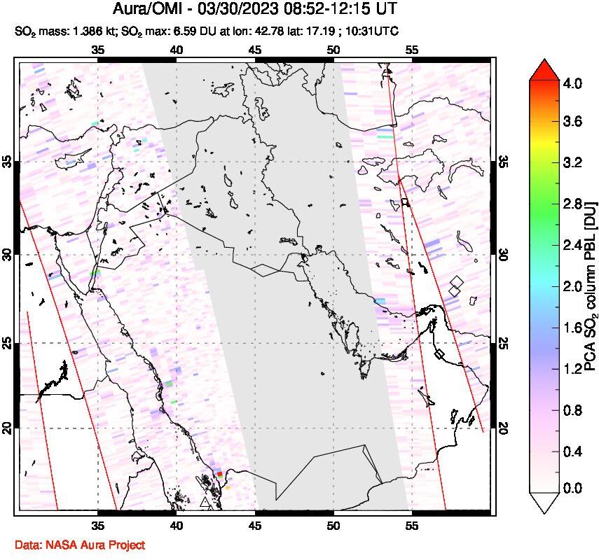 A sulfur dioxide image over Middle East on Mar 30, 2023.