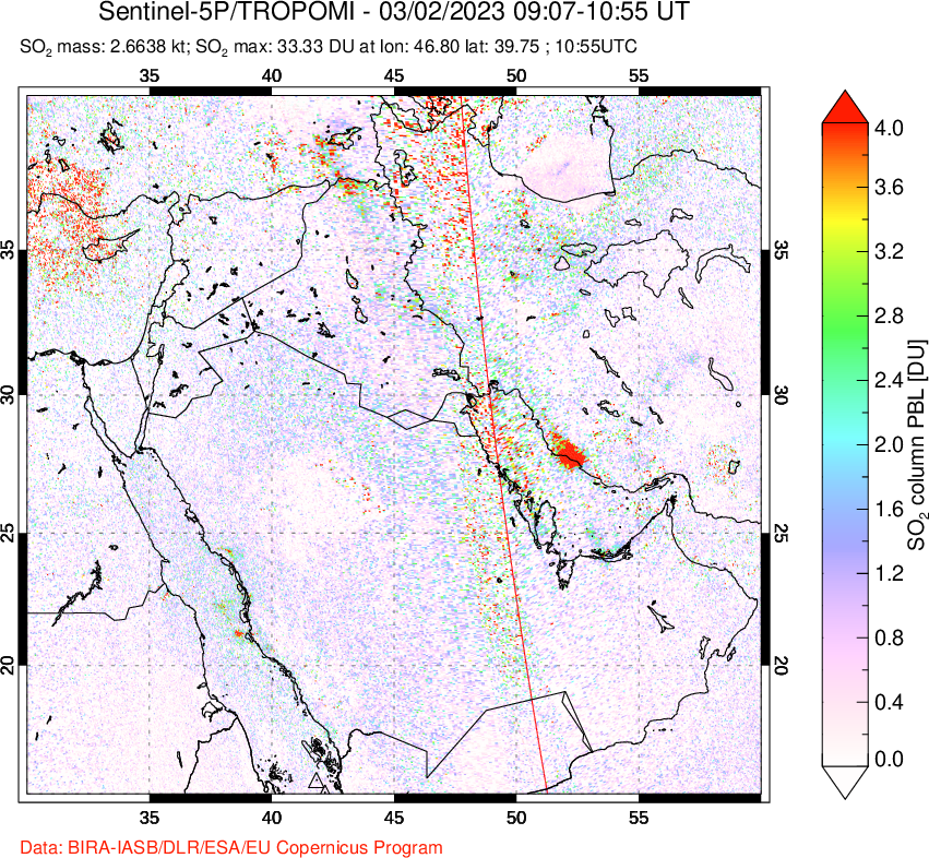 A sulfur dioxide image over Middle East on Mar 02, 2023.
