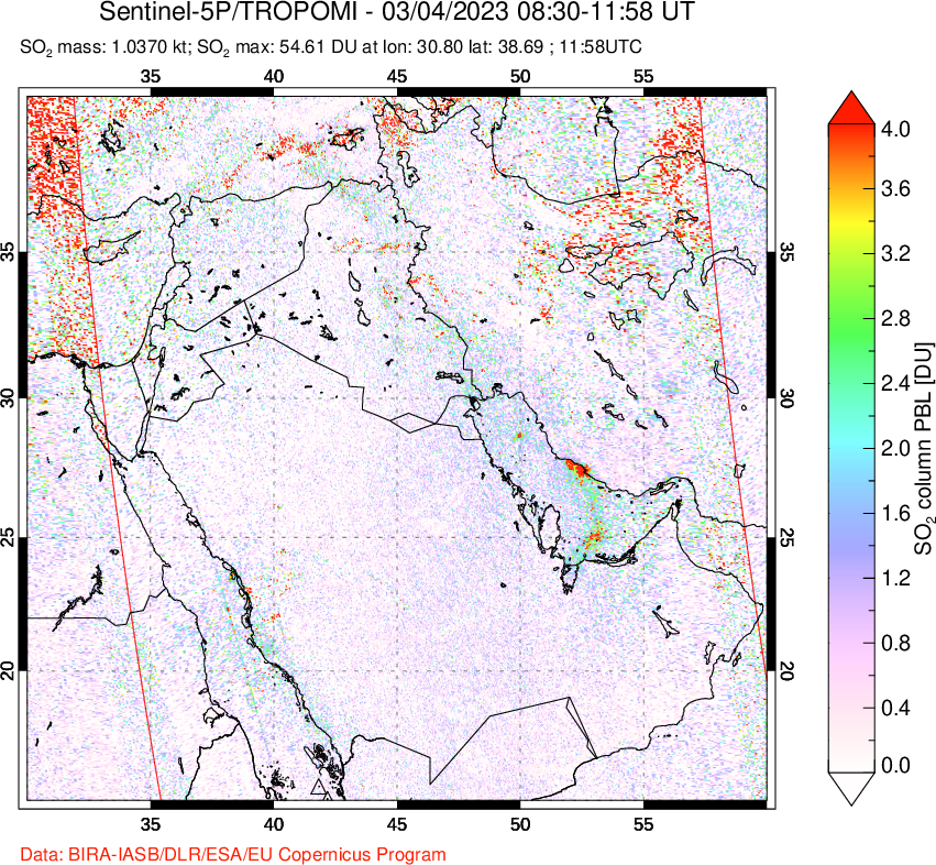 A sulfur dioxide image over Middle East on Mar 04, 2023.