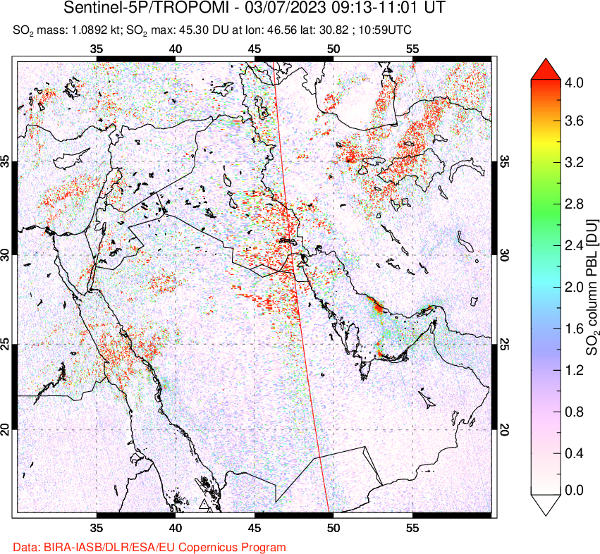 A sulfur dioxide image over Middle East on Mar 07, 2023.