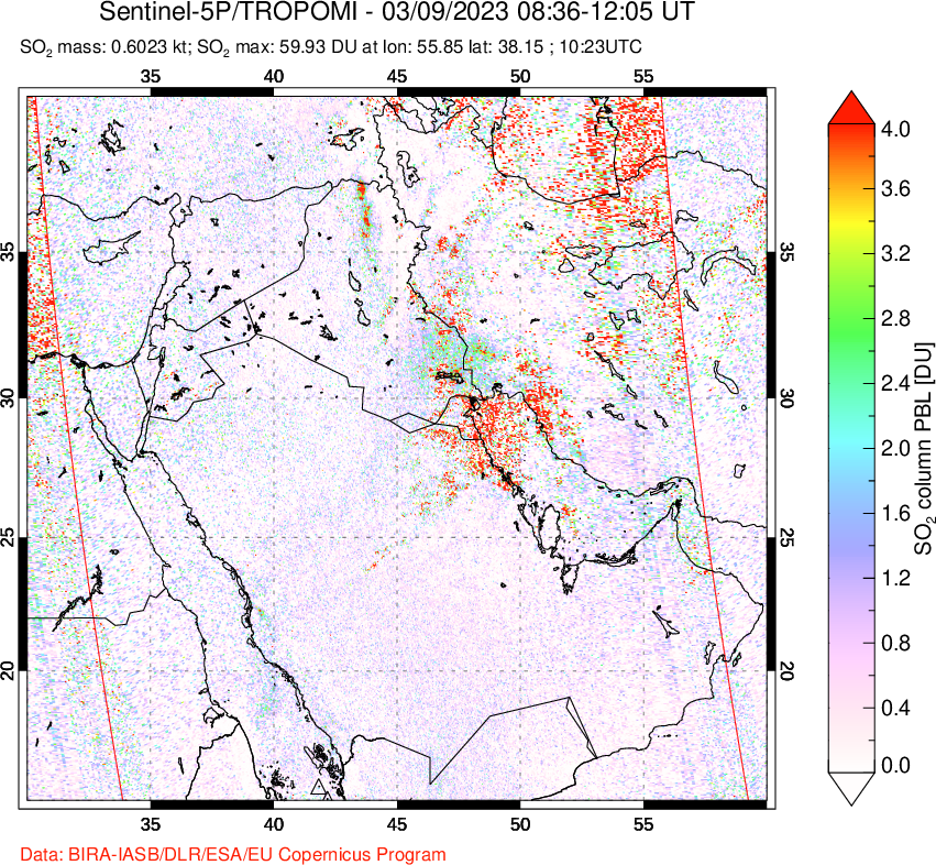 A sulfur dioxide image over Middle East on Mar 09, 2023.