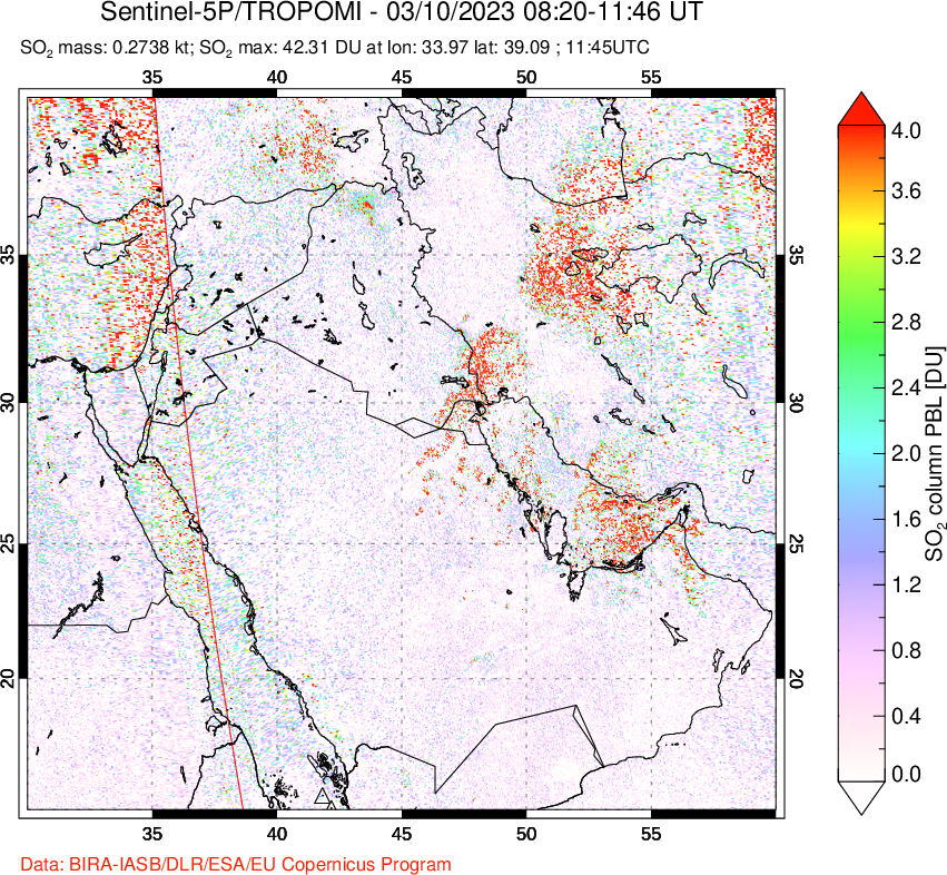 A sulfur dioxide image over Middle East on Mar 10, 2023.