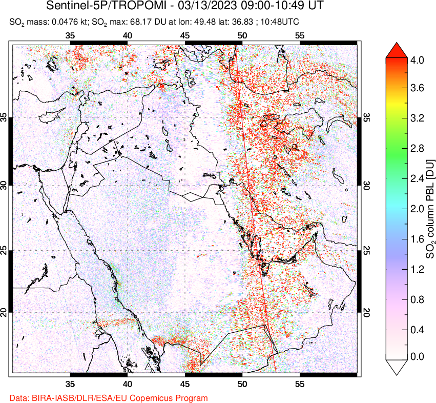 A sulfur dioxide image over Middle East on Mar 13, 2023.