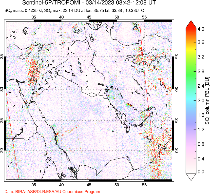 A sulfur dioxide image over Middle East on Mar 14, 2023.