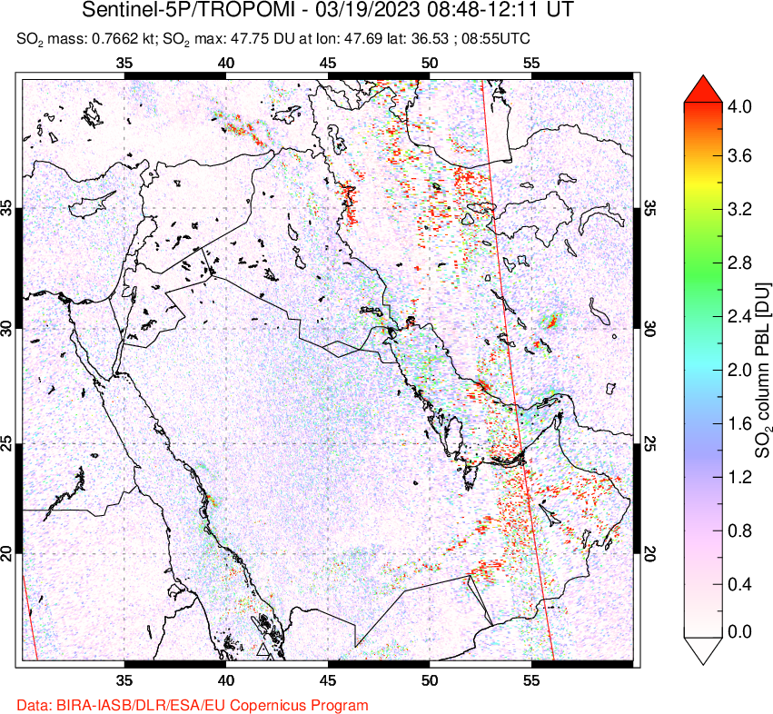 A sulfur dioxide image over Middle East on Mar 19, 2023.