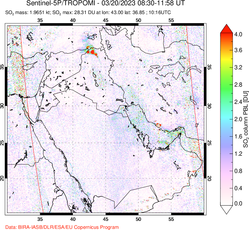 A sulfur dioxide image over Middle East on Mar 20, 2023.