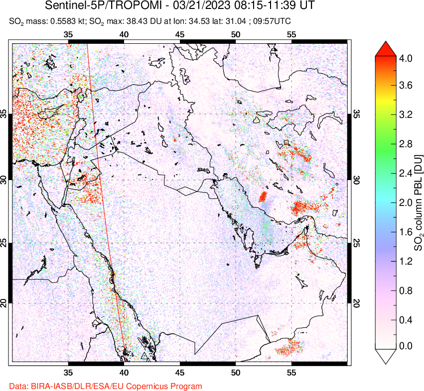 A sulfur dioxide image over Middle East on Mar 21, 2023.