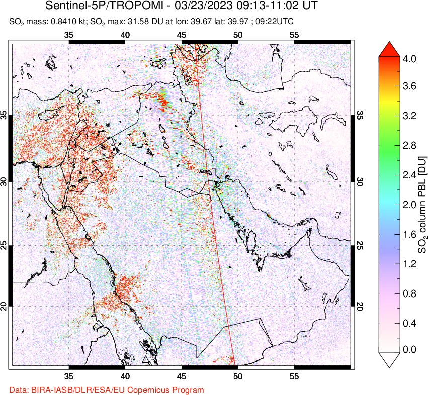 A sulfur dioxide image over Middle East on Mar 23, 2023.
