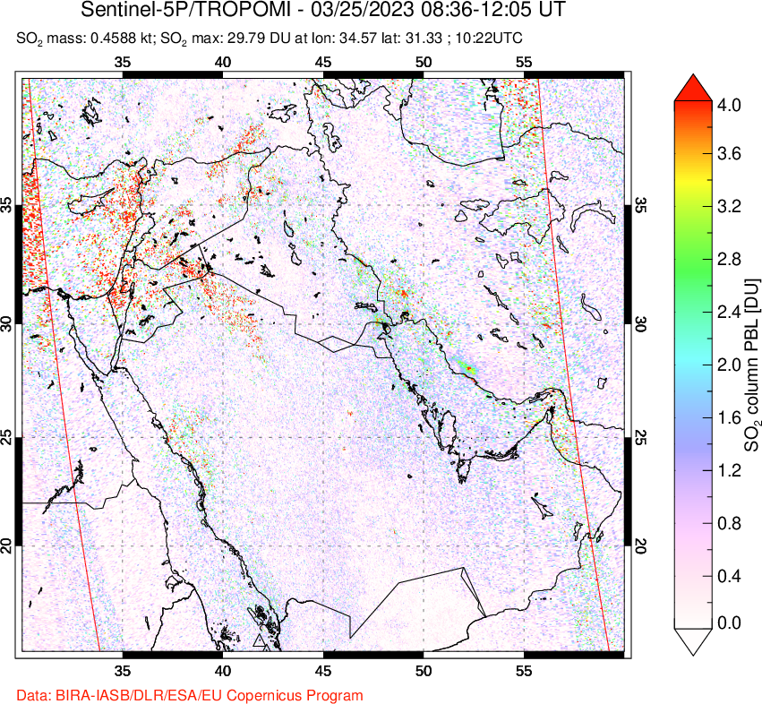 A sulfur dioxide image over Middle East on Mar 25, 2023.