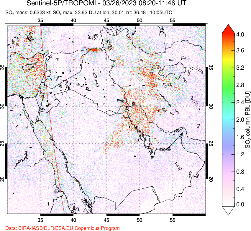 A sulfur dioxide image over Middle East on Mar 26, 2023.