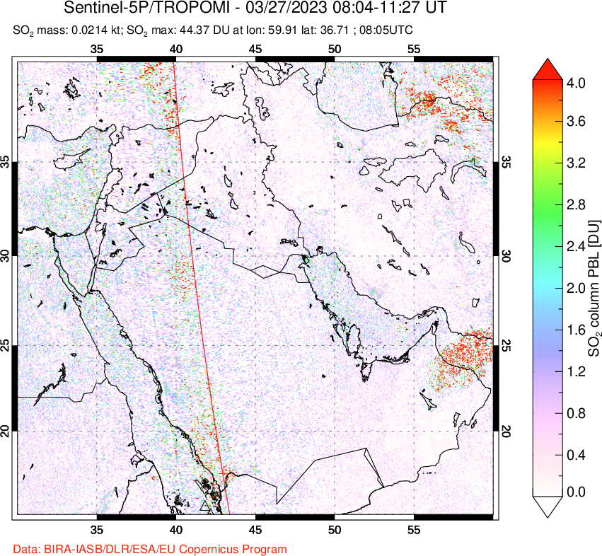 A sulfur dioxide image over Middle East on Mar 27, 2023.