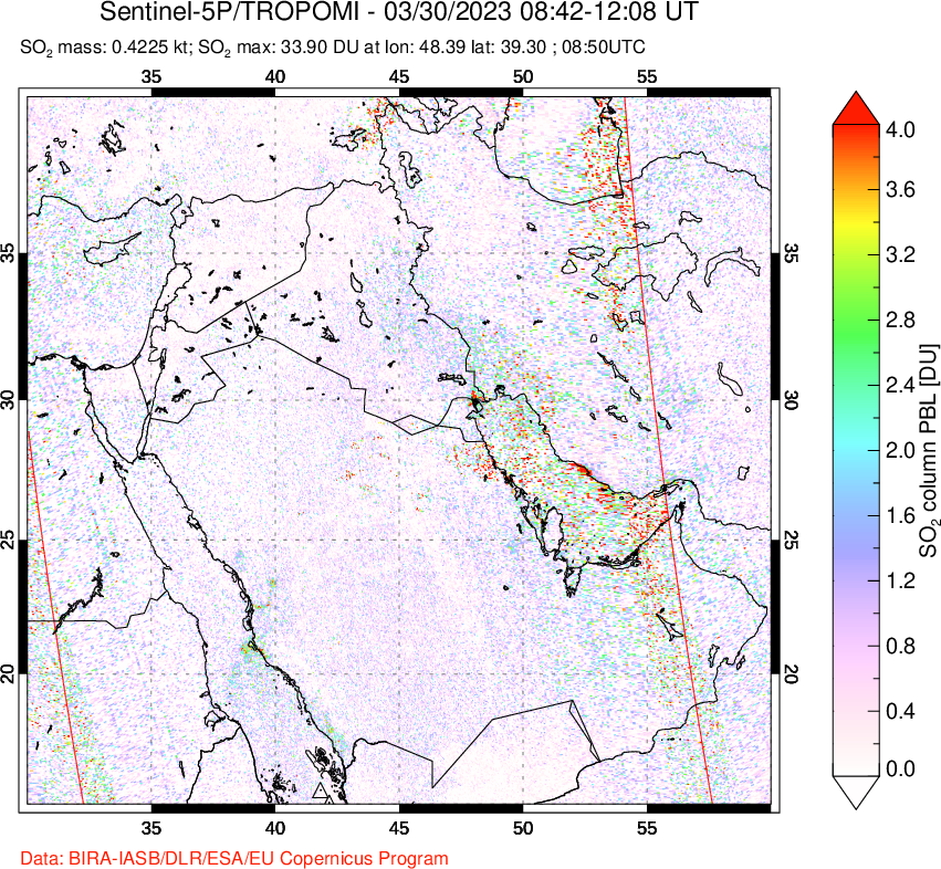 A sulfur dioxide image over Middle East on Mar 30, 2023.