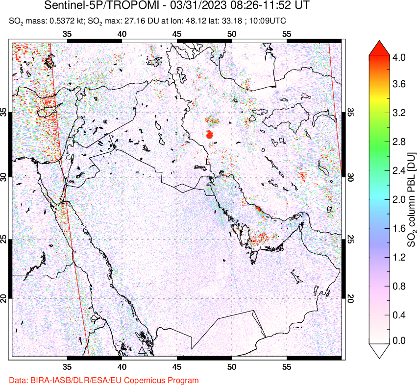 A sulfur dioxide image over Middle East on Mar 31, 2023.