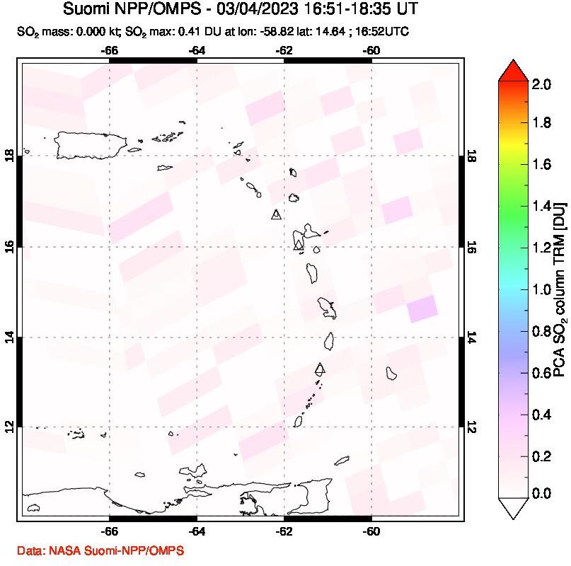 A sulfur dioxide image over Montserrat, West Indies on Mar 04, 2023.