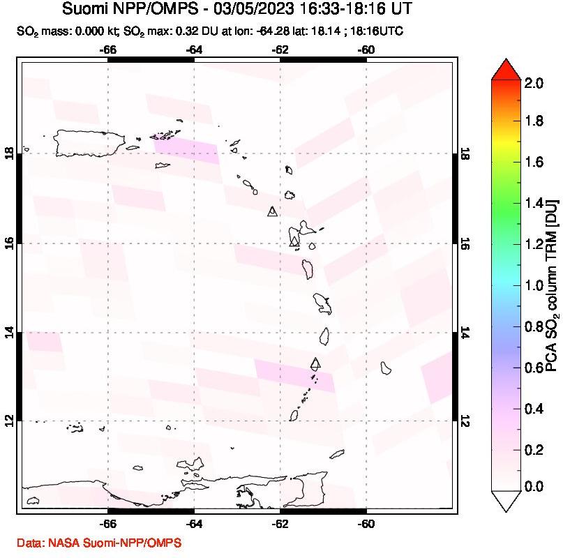 A sulfur dioxide image over Montserrat, West Indies on Mar 05, 2023.