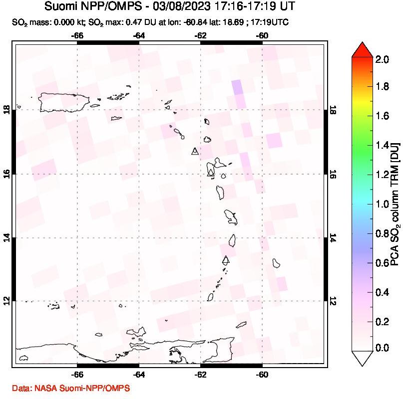 A sulfur dioxide image over Montserrat, West Indies on Mar 08, 2023.
