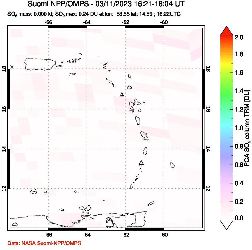 A sulfur dioxide image over Montserrat, West Indies on Mar 11, 2023.