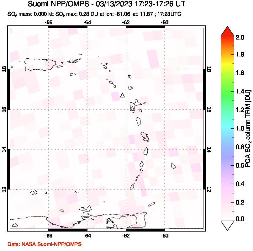 A sulfur dioxide image over Montserrat, West Indies on Mar 13, 2023.