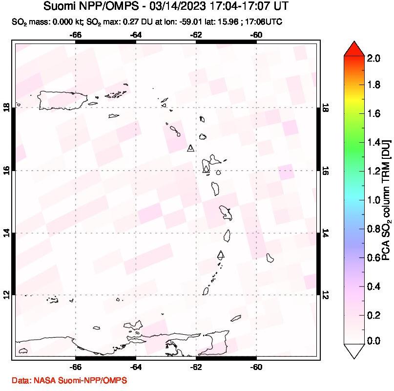 A sulfur dioxide image over Montserrat, West Indies on Mar 14, 2023.