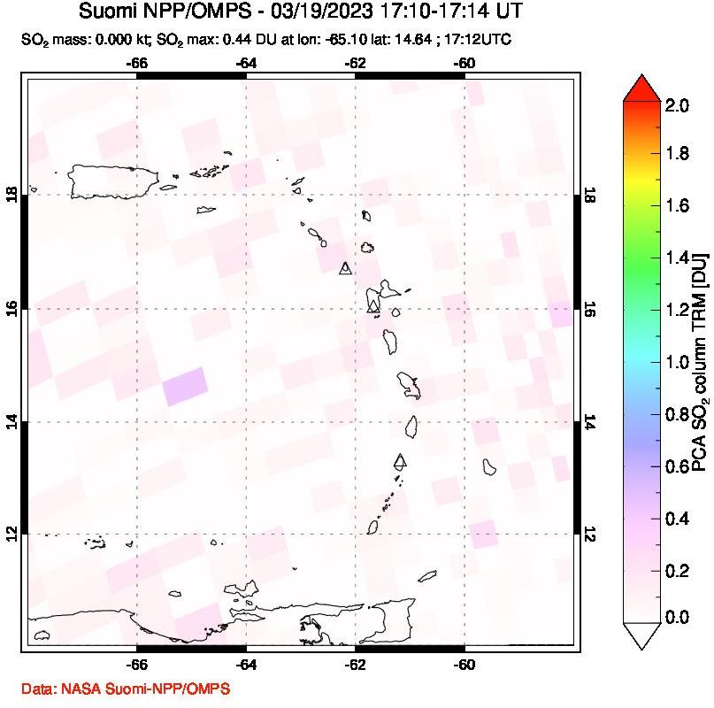 A sulfur dioxide image over Montserrat, West Indies on Mar 19, 2023.