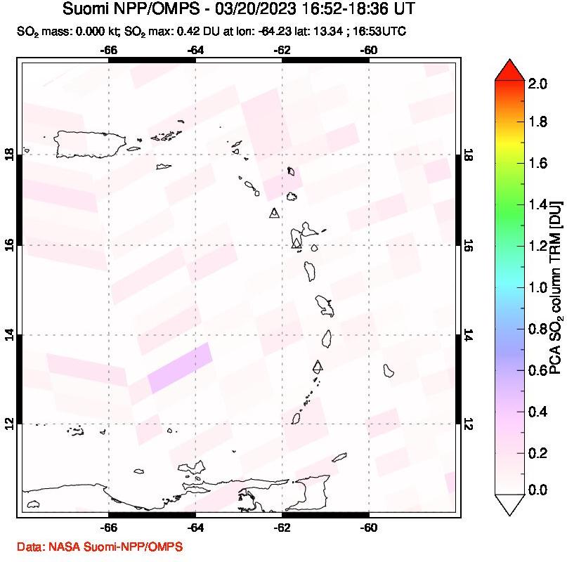 A sulfur dioxide image over Montserrat, West Indies on Mar 20, 2023.