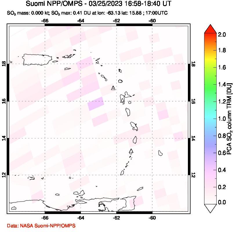 A sulfur dioxide image over Montserrat, West Indies on Mar 25, 2023.