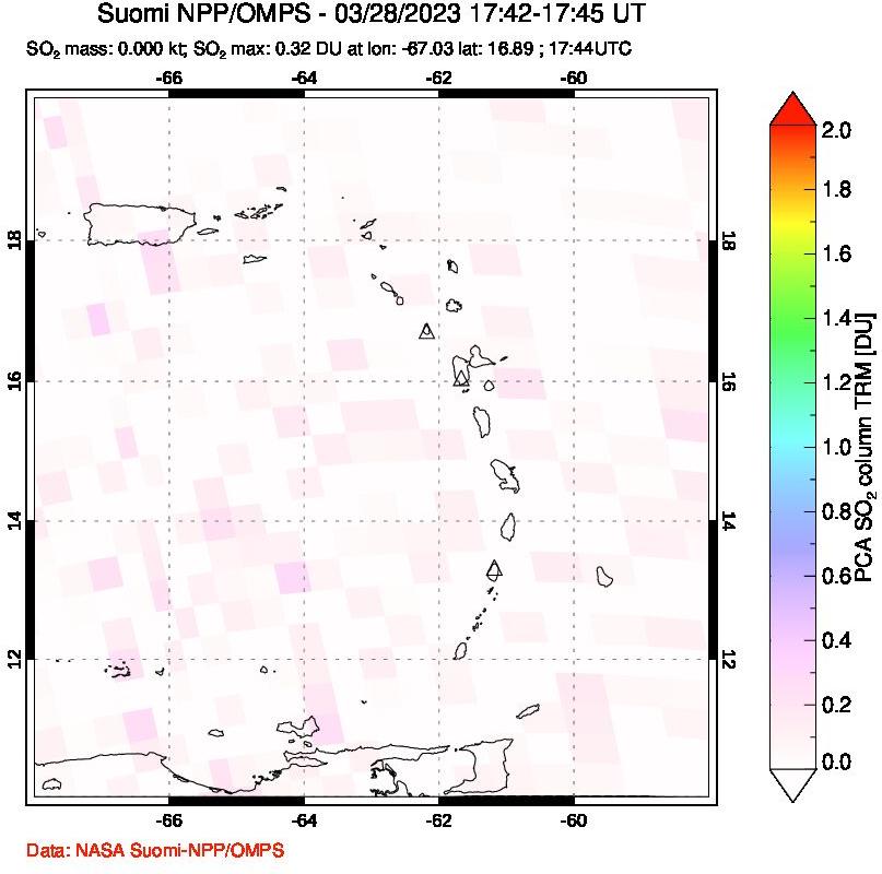 A sulfur dioxide image over Montserrat, West Indies on Mar 28, 2023.