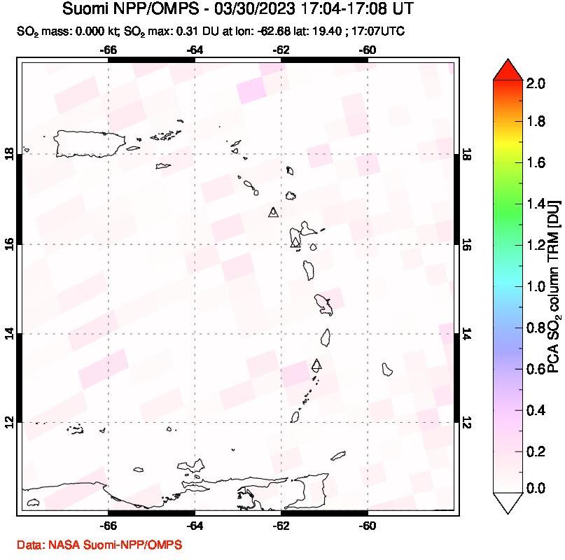A sulfur dioxide image over Montserrat, West Indies on Mar 30, 2023.