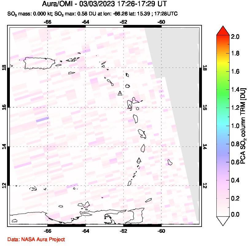 A sulfur dioxide image over Montserrat, West Indies on Mar 03, 2023.