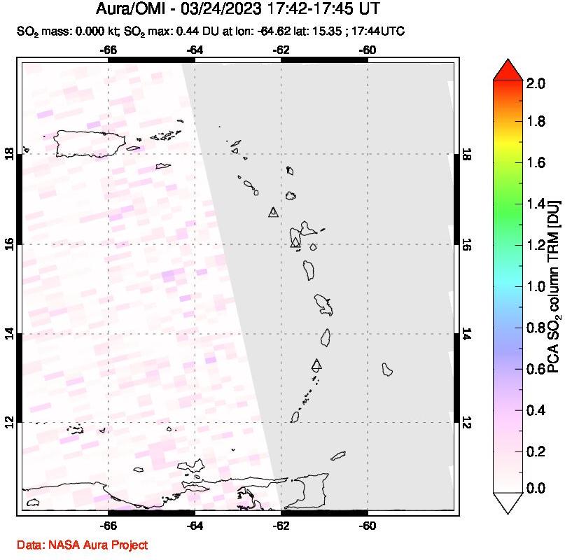 A sulfur dioxide image over Montserrat, West Indies on Mar 24, 2023.
