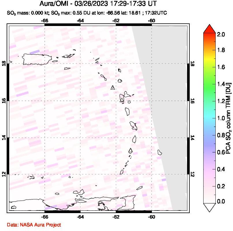 A sulfur dioxide image over Montserrat, West Indies on Mar 26, 2023.