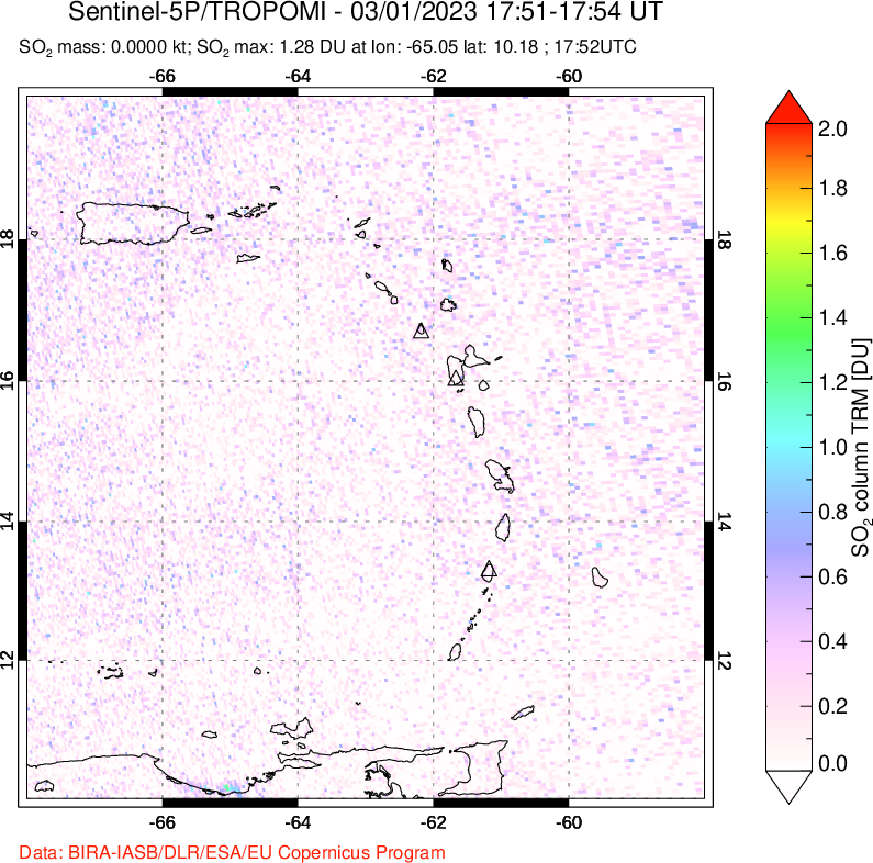 A sulfur dioxide image over Montserrat, West Indies on Mar 01, 2023.