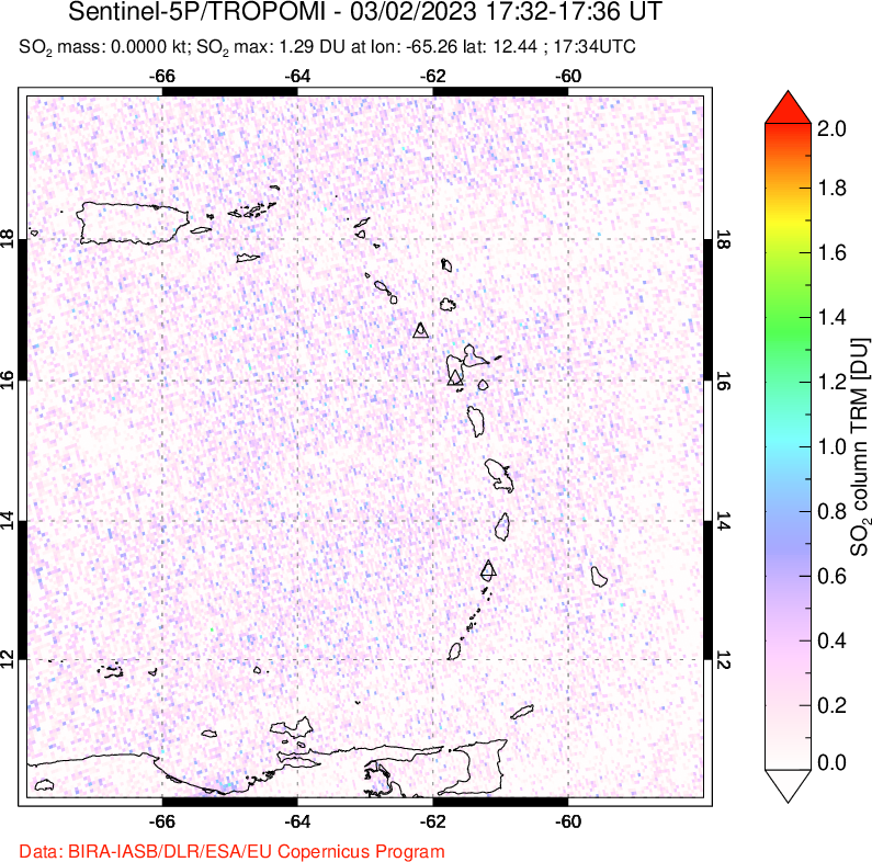 A sulfur dioxide image over Montserrat, West Indies on Mar 02, 2023.