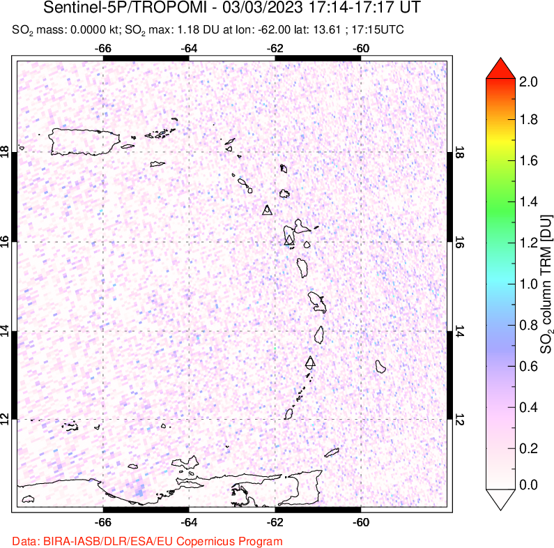 A sulfur dioxide image over Montserrat, West Indies on Mar 03, 2023.