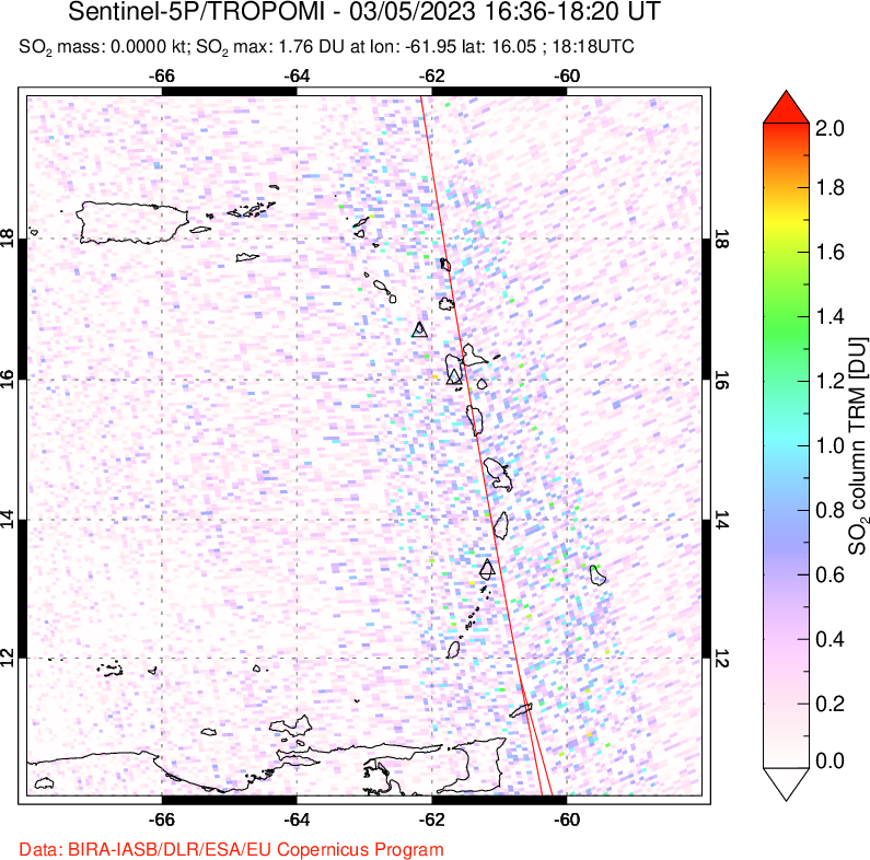 A sulfur dioxide image over Montserrat, West Indies on Mar 05, 2023.