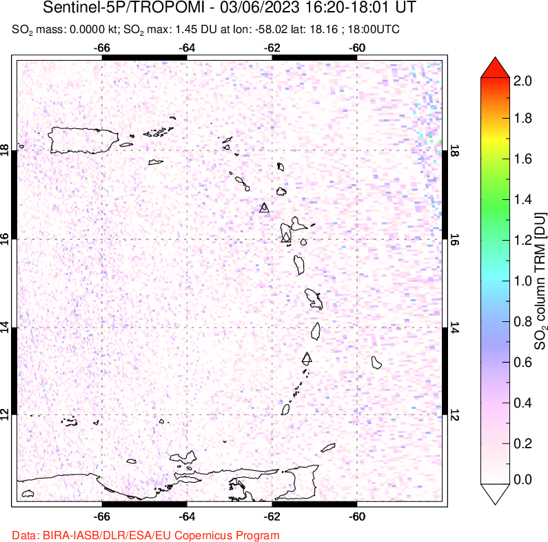 A sulfur dioxide image over Montserrat, West Indies on Mar 06, 2023.