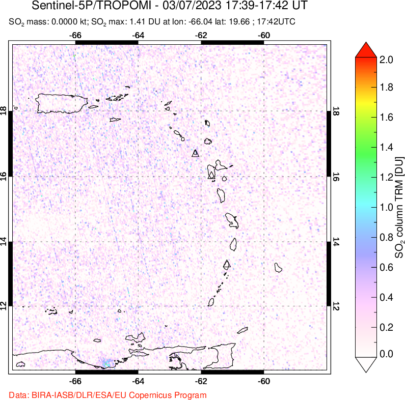 A sulfur dioxide image over Montserrat, West Indies on Mar 07, 2023.