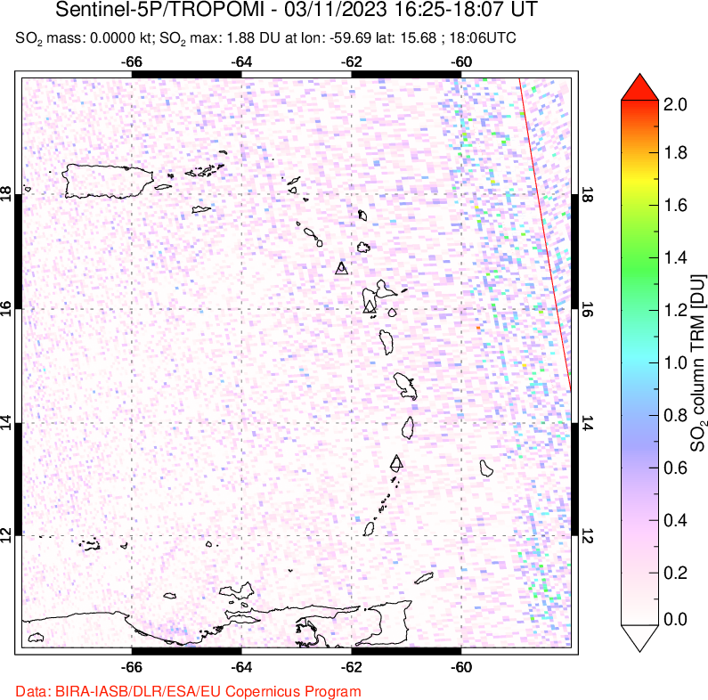 A sulfur dioxide image over Montserrat, West Indies on Mar 11, 2023.