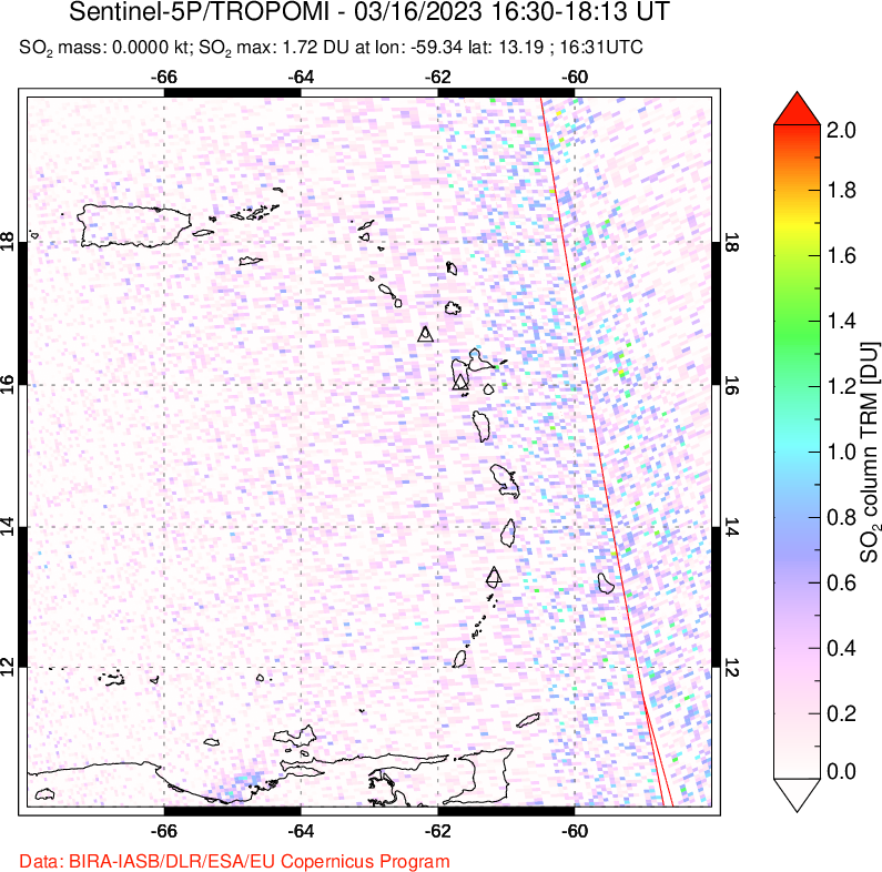 A sulfur dioxide image over Montserrat, West Indies on Mar 16, 2023.
