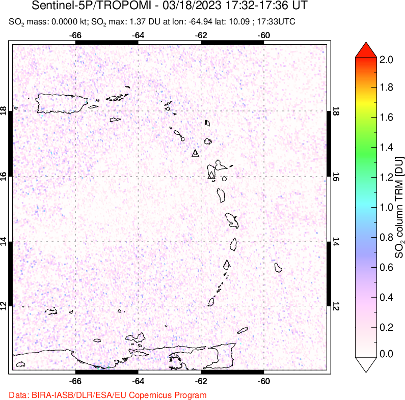 A sulfur dioxide image over Montserrat, West Indies on Mar 18, 2023.