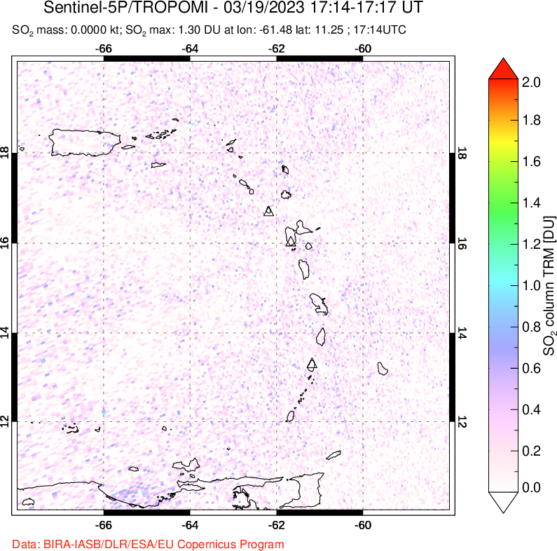 A sulfur dioxide image over Montserrat, West Indies on Mar 19, 2023.