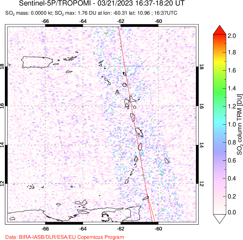 A sulfur dioxide image over Montserrat, West Indies on Mar 21, 2023.