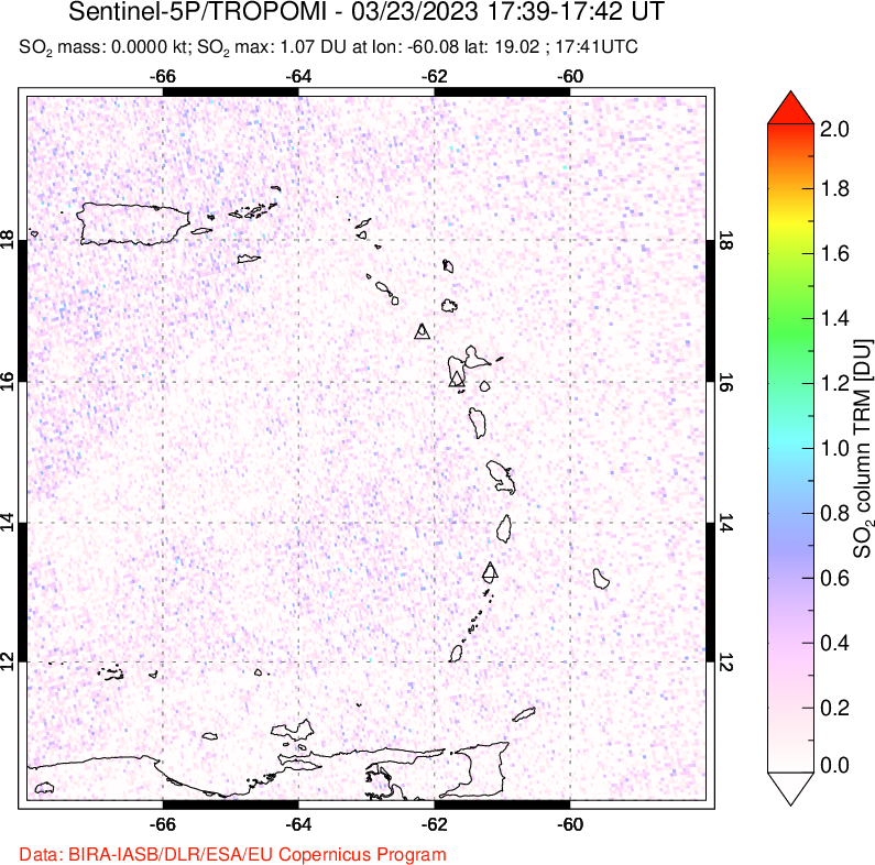 A sulfur dioxide image over Montserrat, West Indies on Mar 23, 2023.