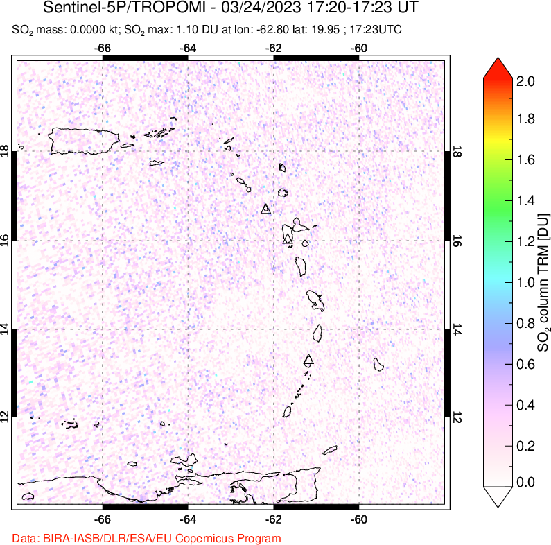 A sulfur dioxide image over Montserrat, West Indies on Mar 24, 2023.