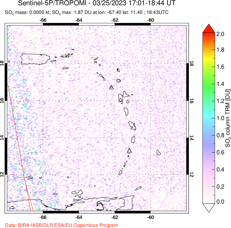 A sulfur dioxide image over Montserrat, West Indies on Mar 25, 2023.