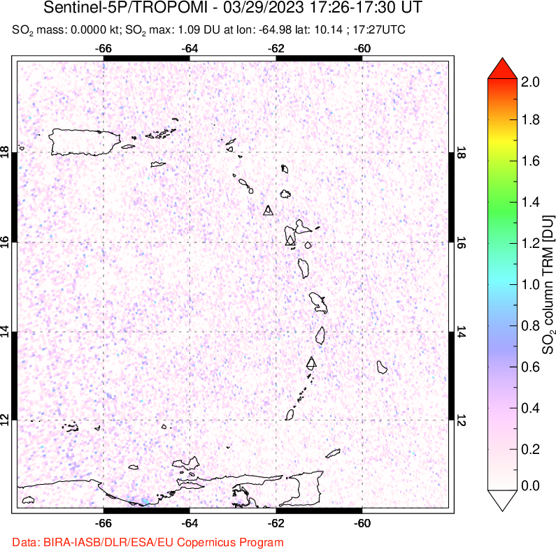 A sulfur dioxide image over Montserrat, West Indies on Mar 29, 2023.