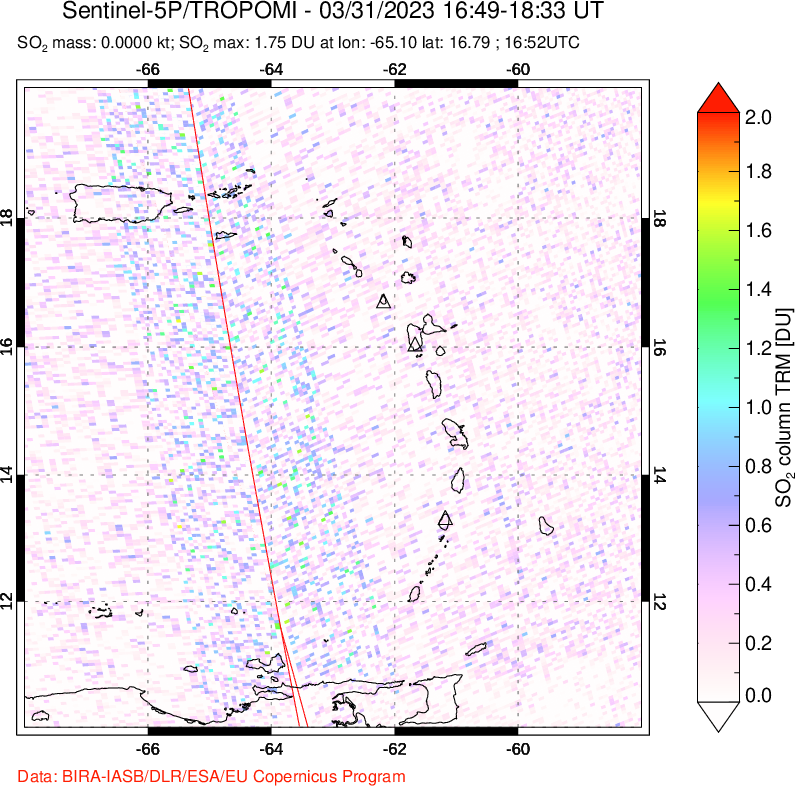 A sulfur dioxide image over Montserrat, West Indies on Mar 31, 2023.