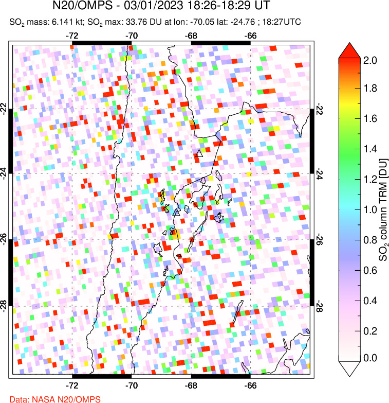 A sulfur dioxide image over Northern Chile on Mar 01, 2023.